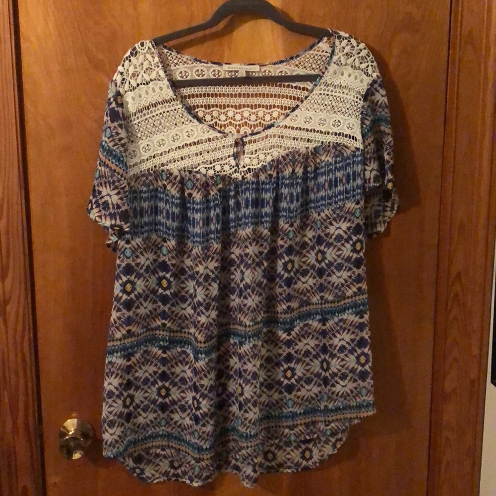 3X multi-color floral print crochet top blouse